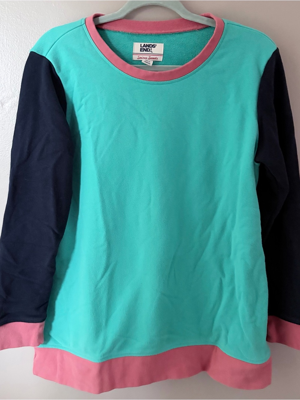 Lands' End Serious Sweats Colorblock Sweatshirt Medium 10-12 Teal Pink Navy